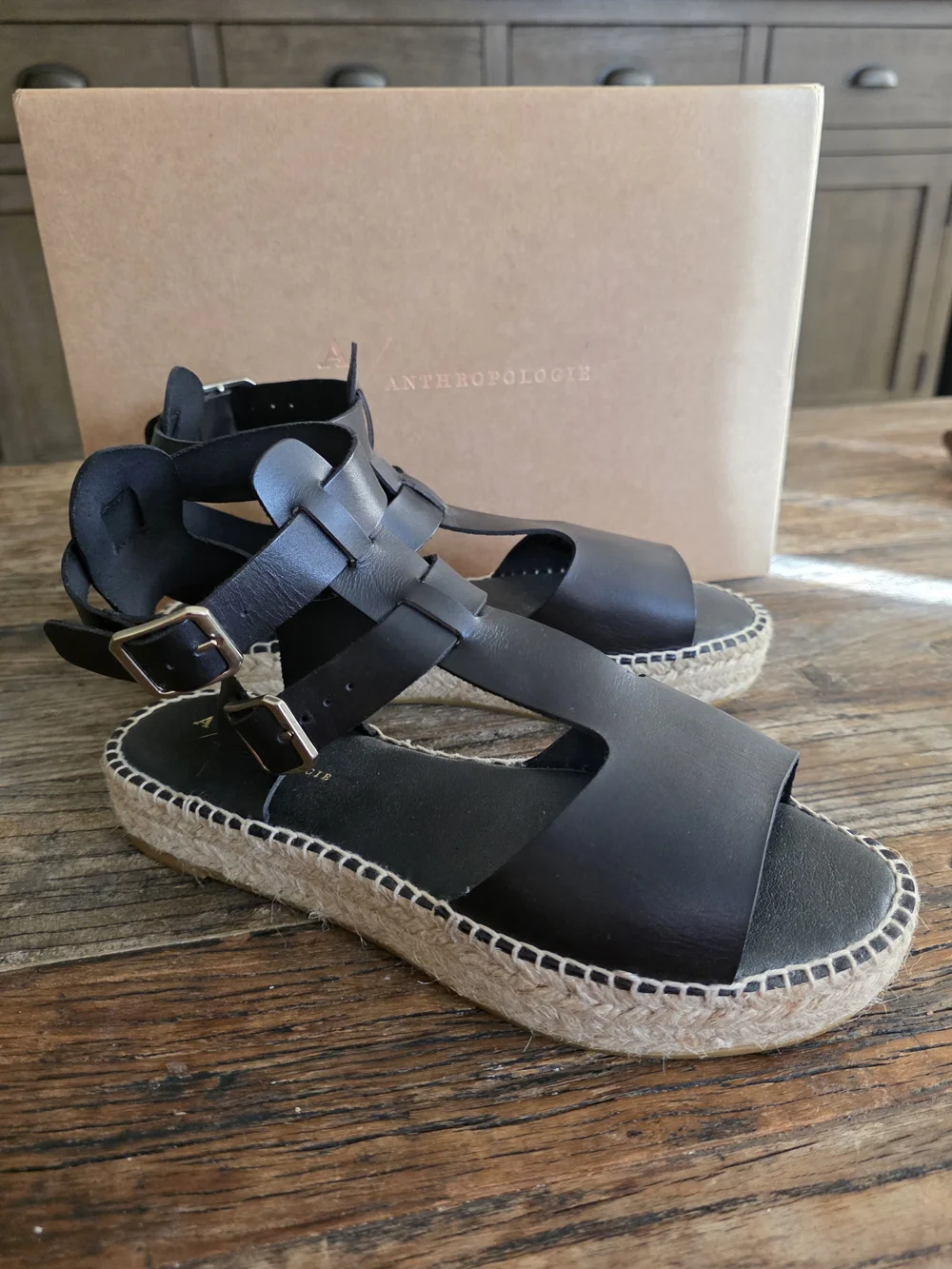 Anthropologie Black Leather Espadrille Sandals with Buckle Straps